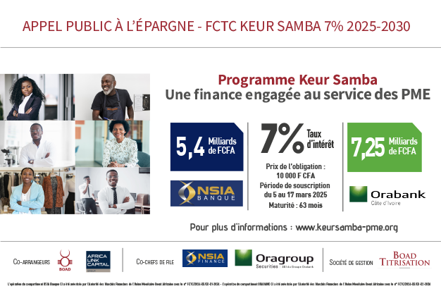 Devenez détenteur des obligations FCTC Keur Samba 7% 2025-2030 et soutenez le financement des PME de l’UEMOA !